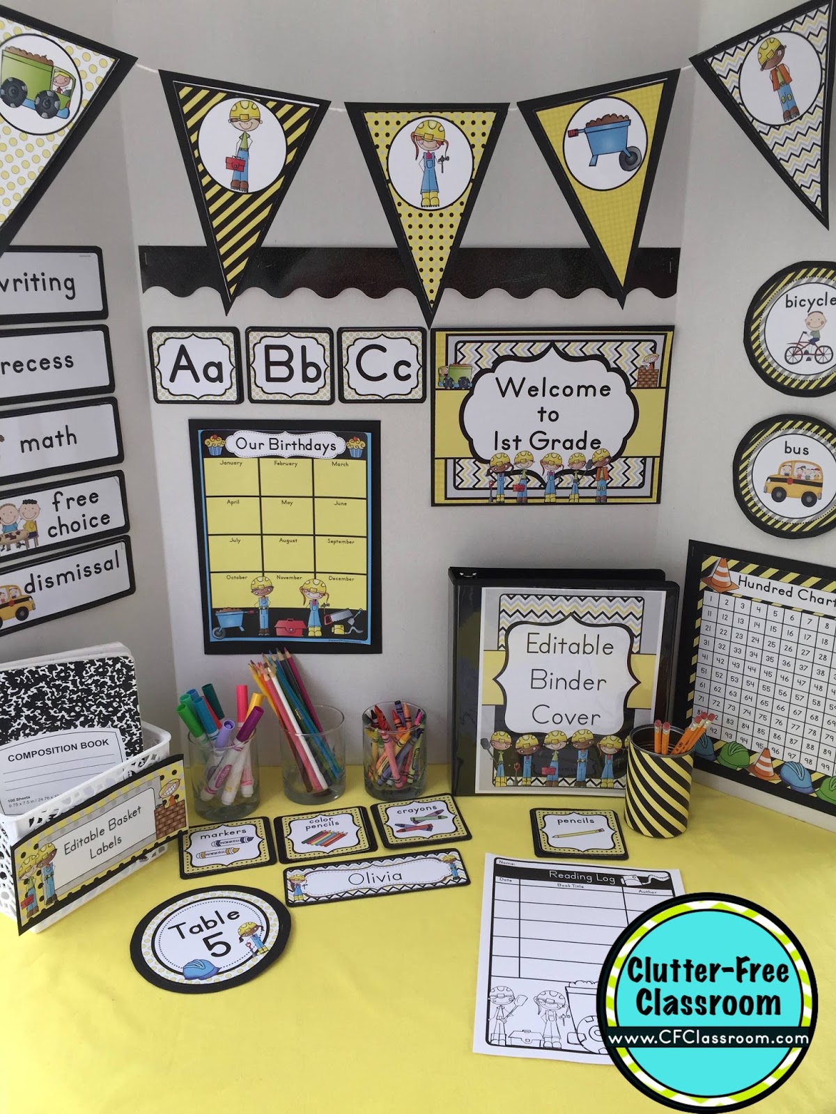 Are you planning a construction themed classroom or thematic unit? This blog post provides great decoration tips and ideas for the best a construction theme yet! It has photos, ideas, supplies & printable classroom decor to will make set up easy and affordable. You can create a construction theme on a budget!