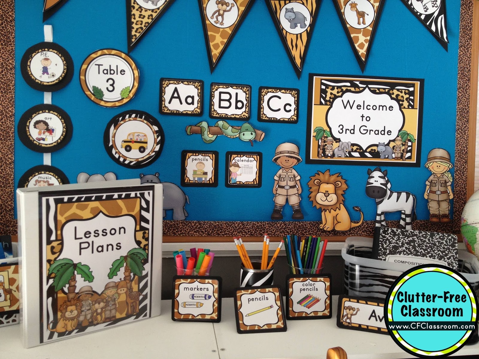 Are you planning a Jungle Safari themed classroom or thematic unit? This blog post provides great decoration tips and ideas for the best Jungle Safari theme yet! It has photos, ideas, supplies & printable classroom decor to will make set up easy and affordable. You can create a Jungle Safari theme on a budget!