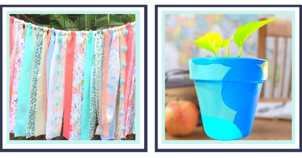 colorful classroom diy projects including a painted potted plant and ribbon banner