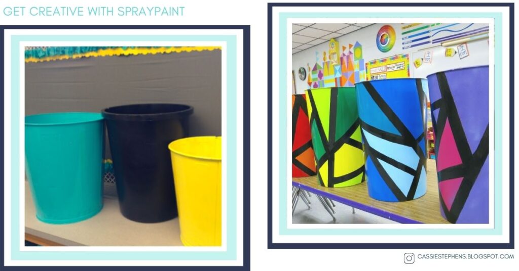 two types of painted trash cans in a classroom