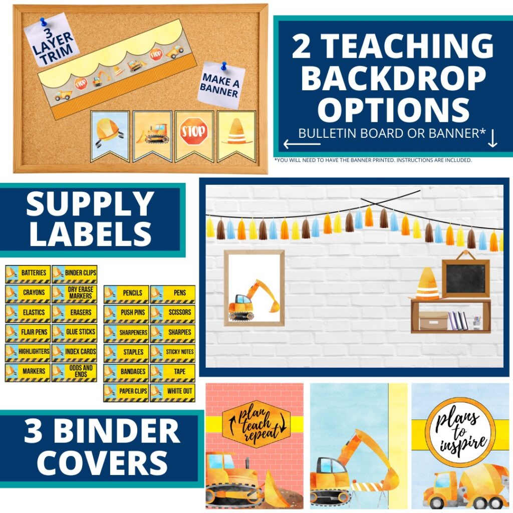construction classroom decor theme supply labels, binder covers and teaching backdrops