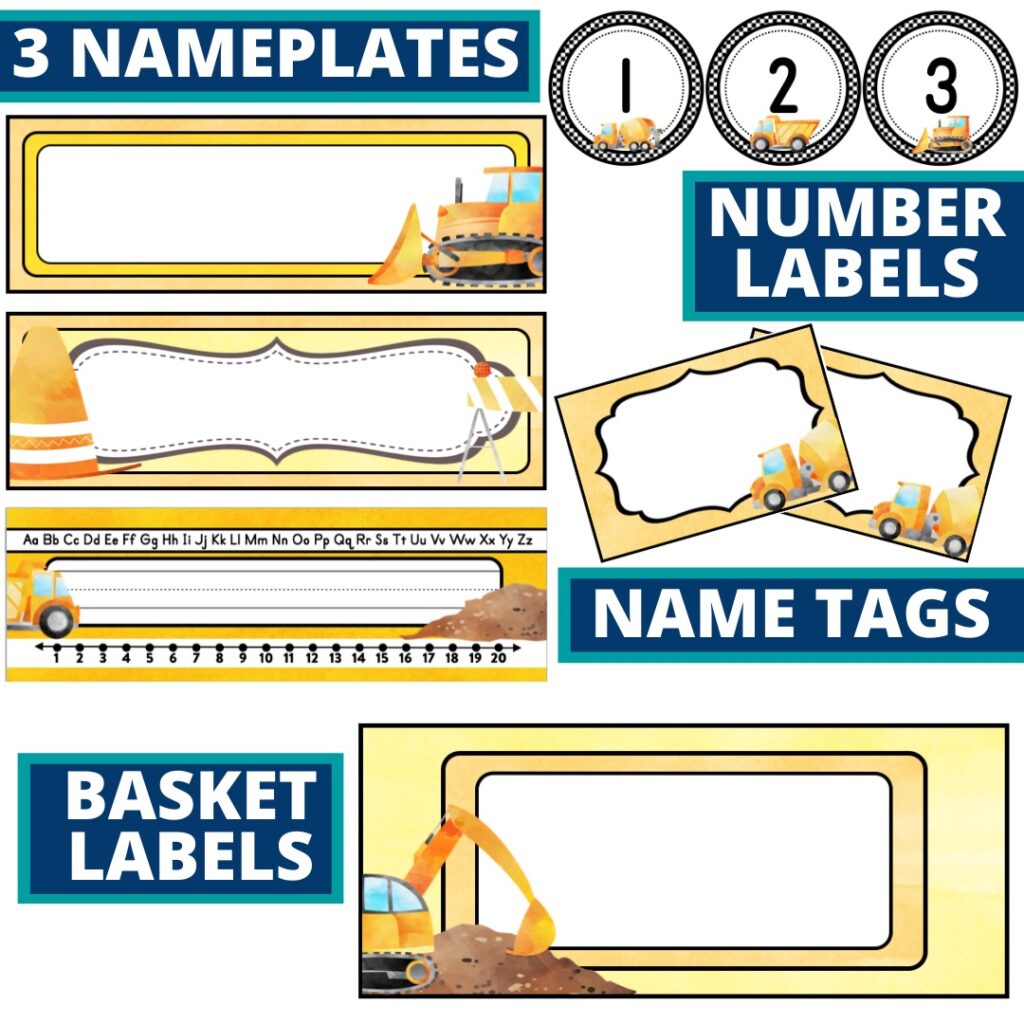 construction classroom decor theme name plates, basket labels, name tags, and number labels