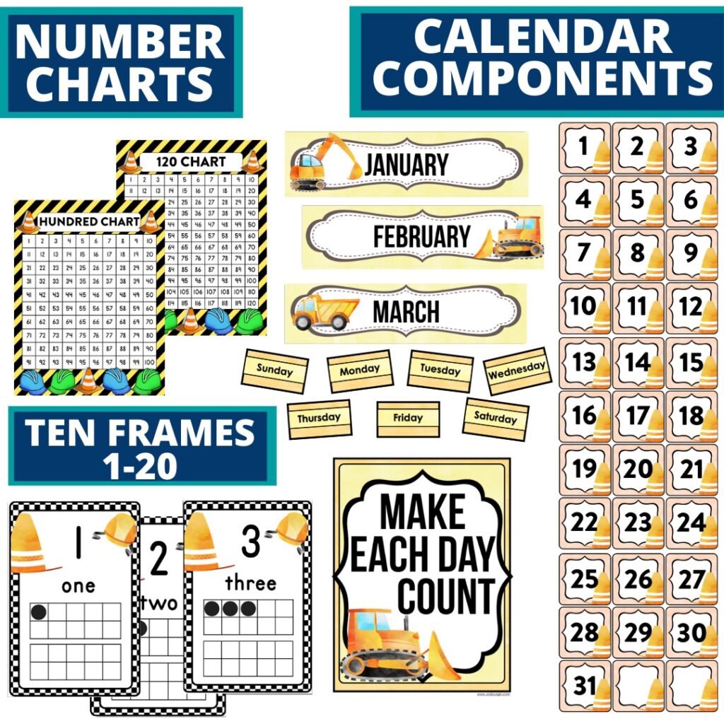 construction classroom decor theme calendar pieces, number charts and ten frames