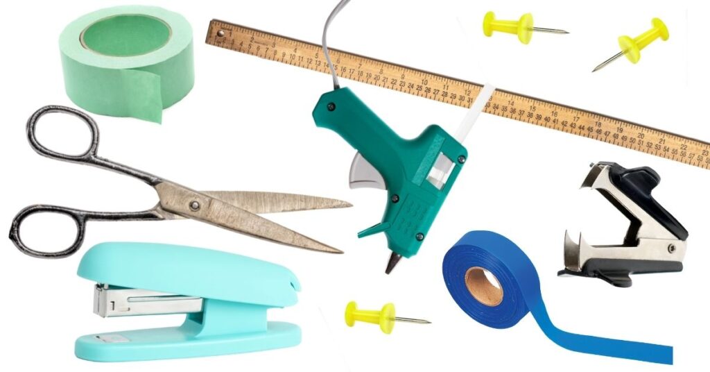 a collage of supplies you need to create bulletin boards like a stapler, scissors, tape, and ruler