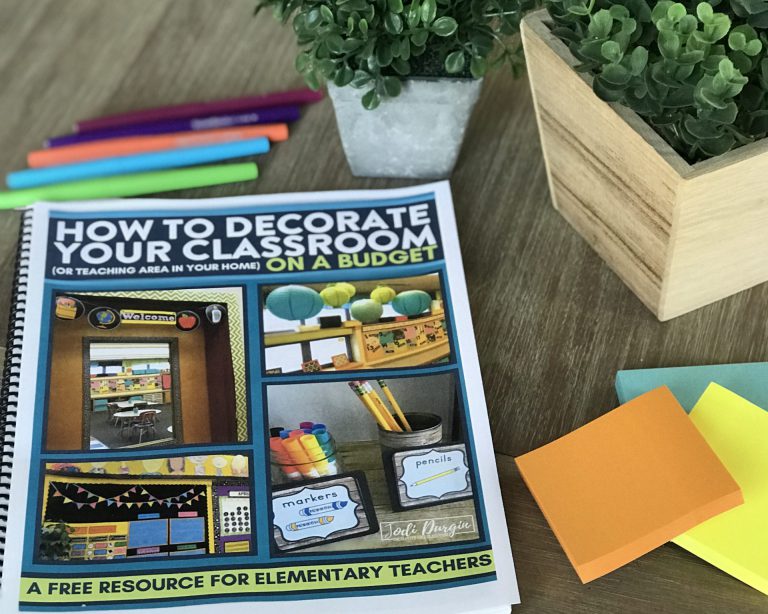The free classroom decor guide which shares tips for elementary teachers to set up their classroom on a budget.