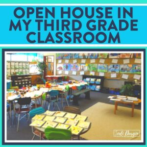 classroom set up for open house with class projects displayed