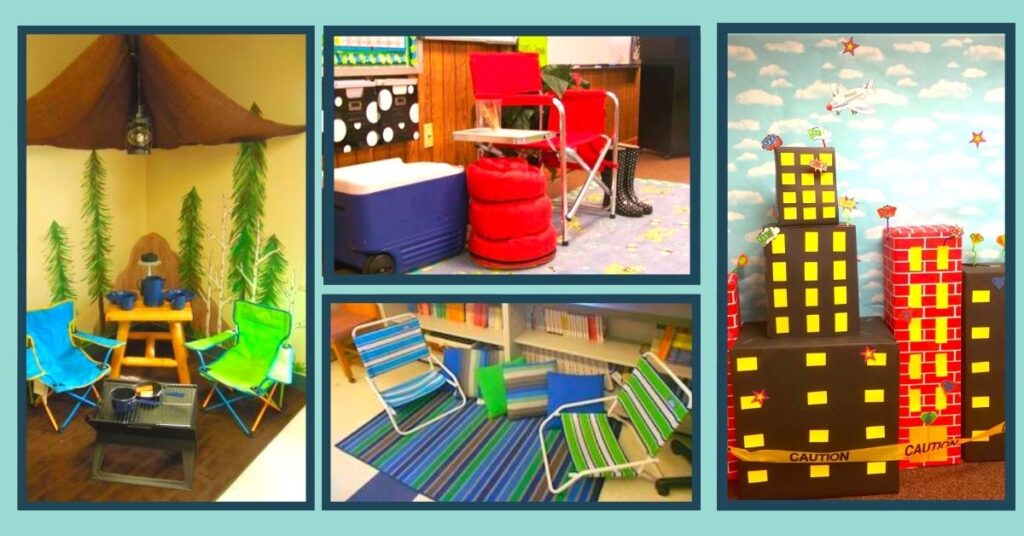 a collage of classroom theme decor for a camping, beach, and superhero theme