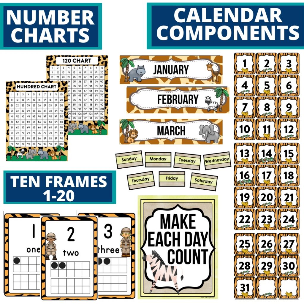 jungle classroom theme math number charts, ten frames and calendar pieces