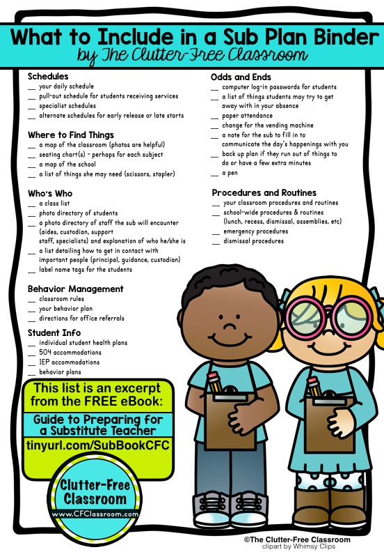Learn how to plan for a sub, write substitute teacher plans & make a sub binder. These tips, ideas, photos & free printables explain how to plan, prepare & organize your classroom for a substitute teacher. It's perfect for Kindergatren, 1st grade, 2nd grade, 3rd grade, 4th grade & 5th grade.