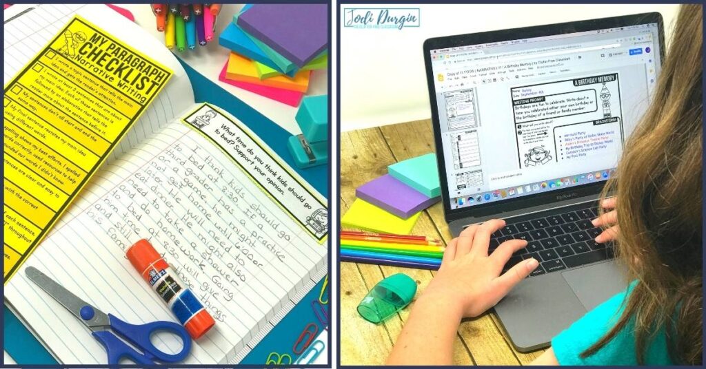 a paragraph writing checklist and a writing prompt journal with school supplies