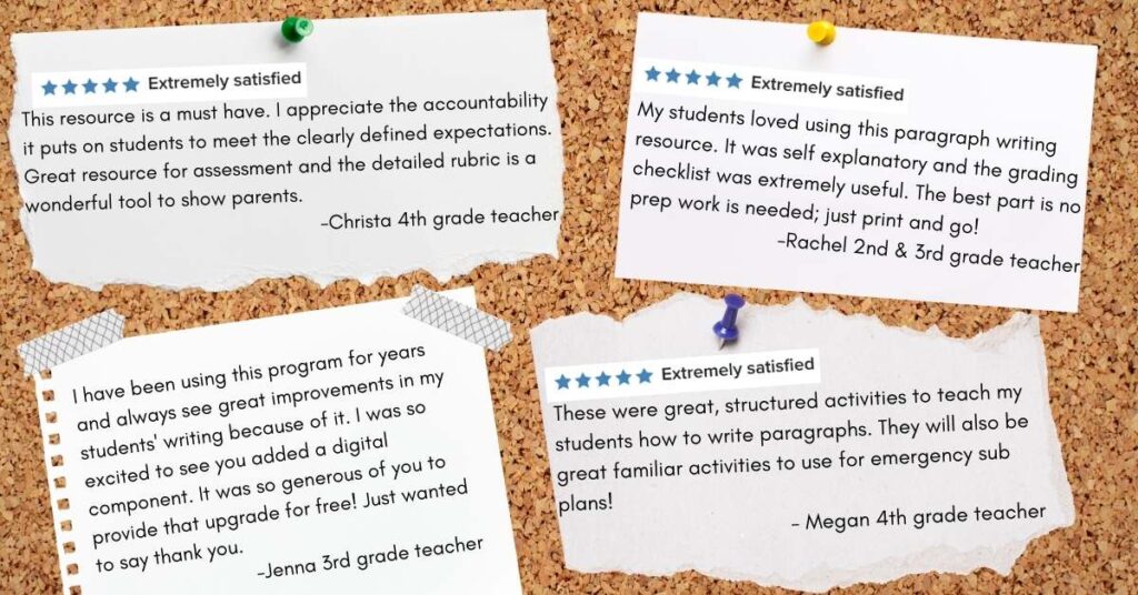 reviews for teaching paragraph writing activities on a bulletin board