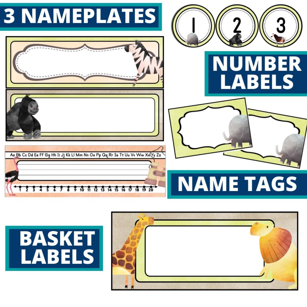 jungle classroom theme name plates, number labels, name tags and basket labels