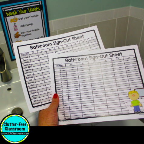 Check out these simple elementary bathroom breaks printable tracker and hall pass from the Clutter Free Classroom! Teaching kids how to track when they make bathroom trips will make classroom management for bathroom use easy for you. #classroommanagement #clutterfreeclassroom