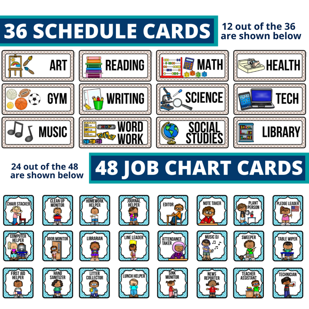 editable elementary schedule cards and job chart labels with a beach theme