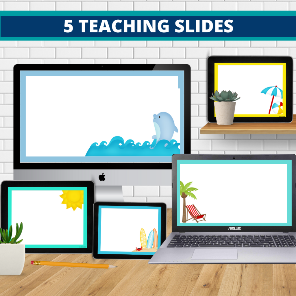 beach theme google classroom slides and powerpoint templates for elementary teachers shown on computers