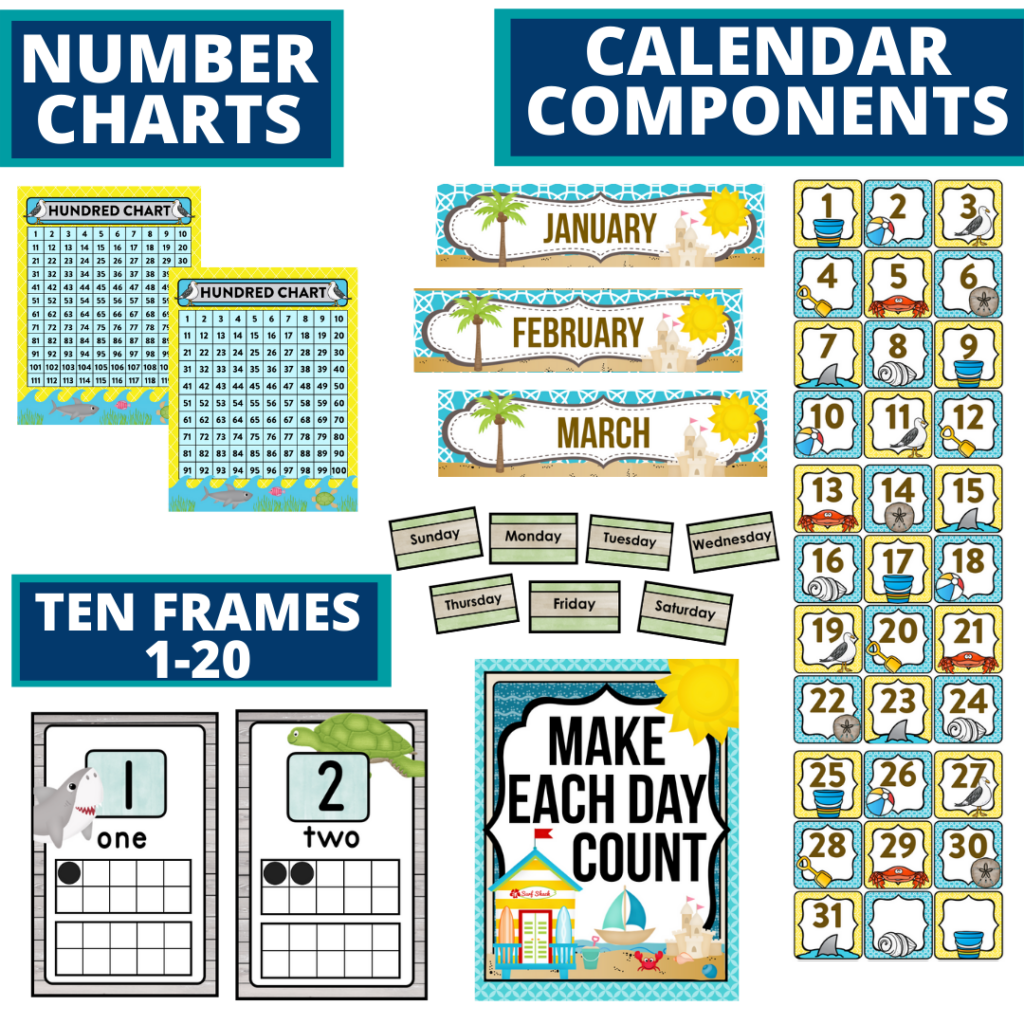 DIY printable classroom calendar for elementary teachers using beach classroom theme decor