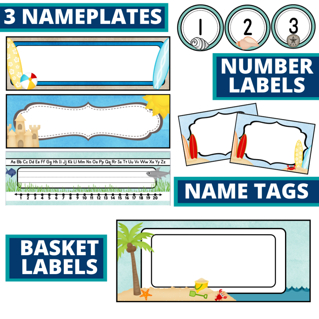editable nameplates and basket labels for beach themed classroom