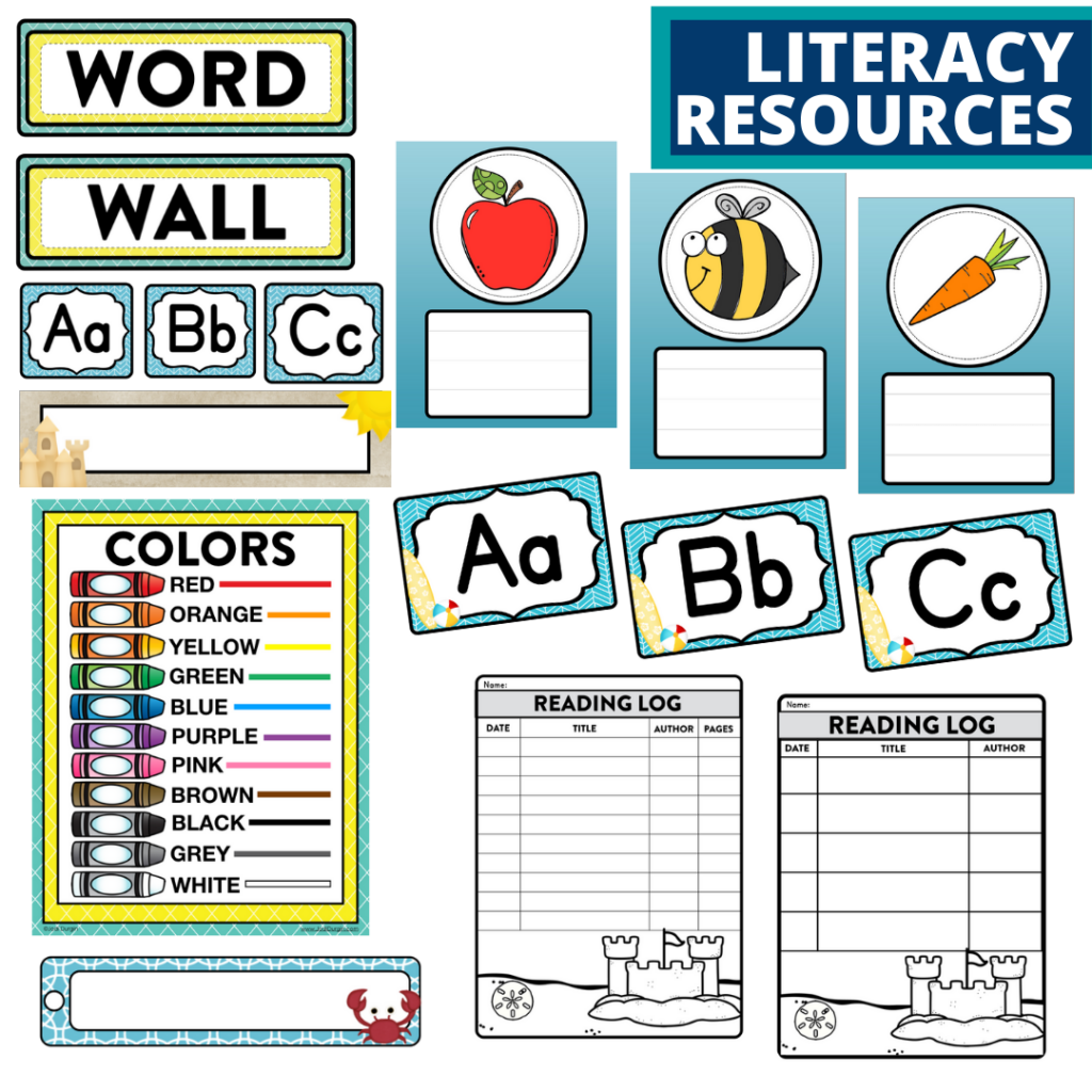 elementary classroom word wall and reading logs for a beach themed classroom