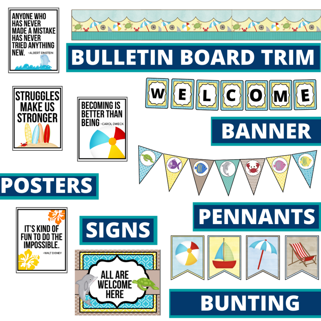 beach theme bulletin board trim with pennants, banner and bunting
