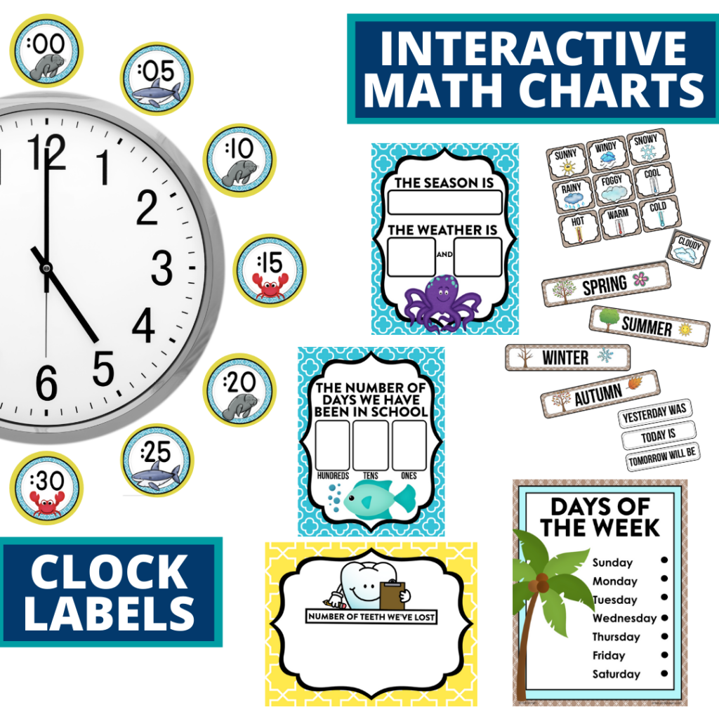 beach themed math resources for telling time, place value and the days of the week