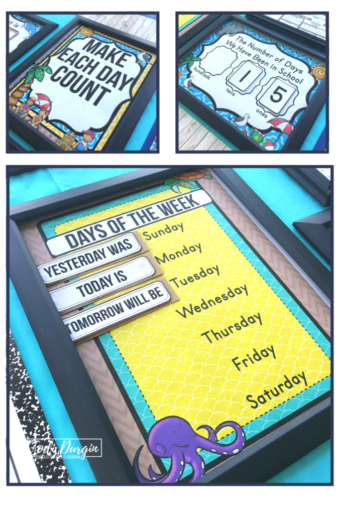 A days of the week poster and school day tracker with a beach theme. 