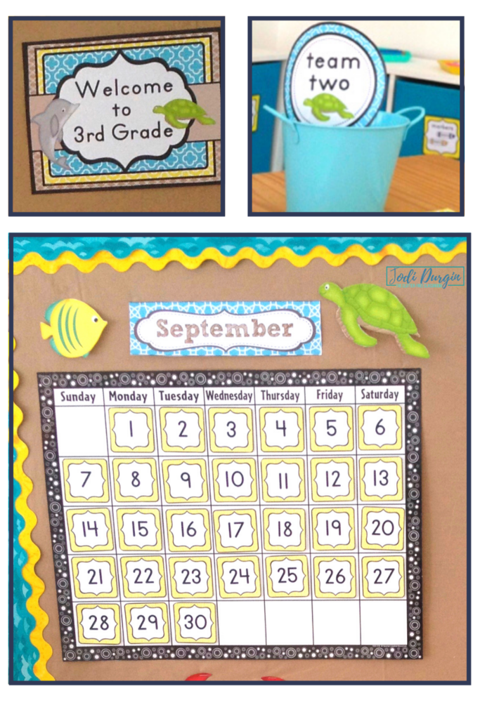 A welcome sign, calendar, and labels for a beach themed classroom.