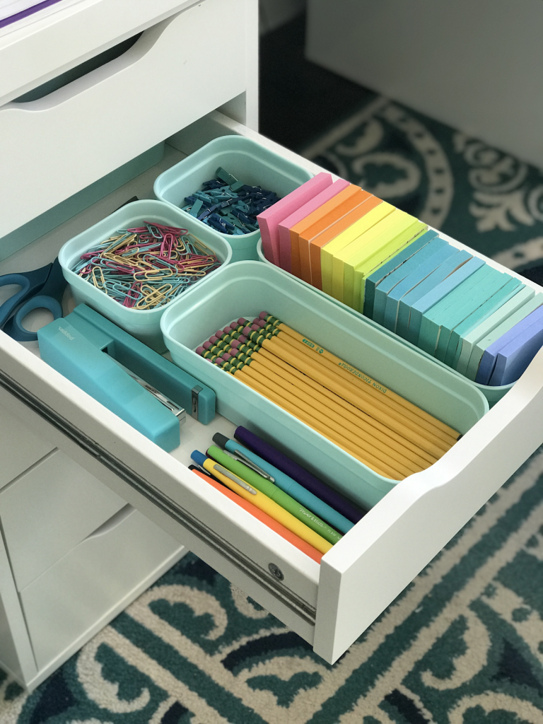 teacher desk drawer with small organization containers