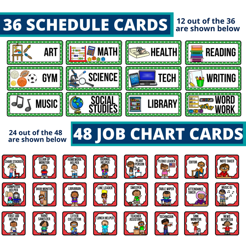 editable elementary schedule cards and job chart labels with a gnome theme