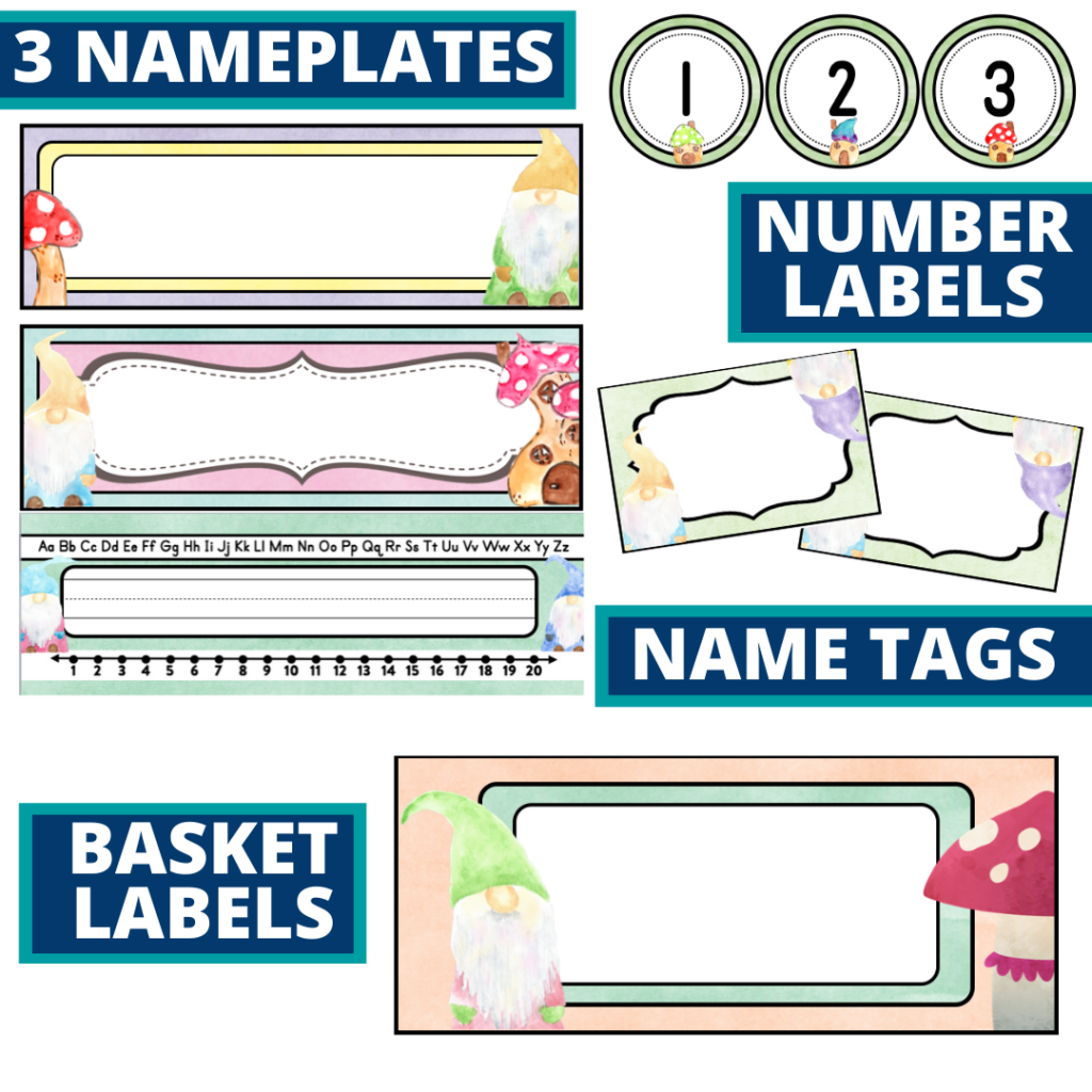 editable nameplates and basket labels for a gnome themed classroom