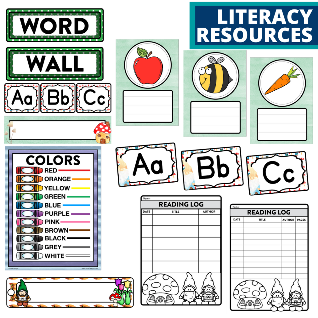 elementary classroom word wall and reading logs for a gnome themed classroom