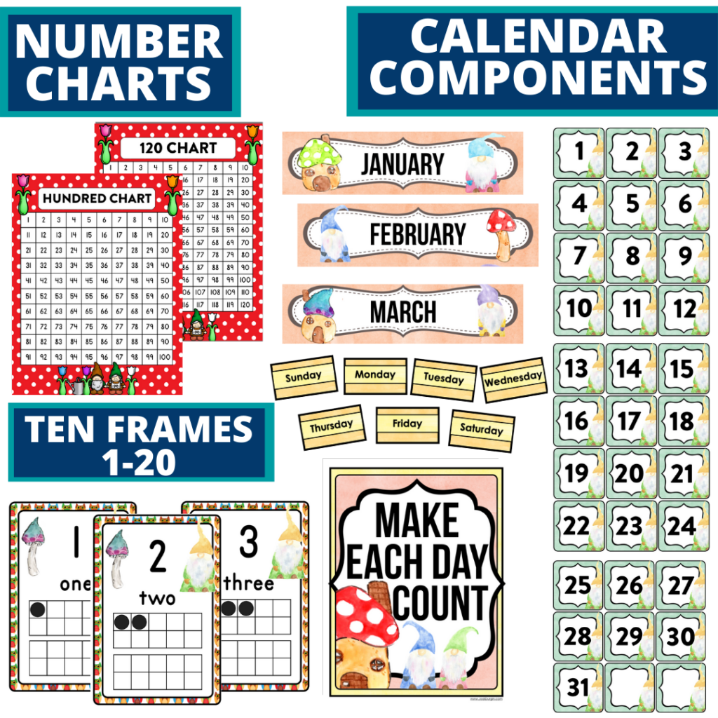 DIY printable classroom calendar for elementary teachers using a gnome classroom theme 
