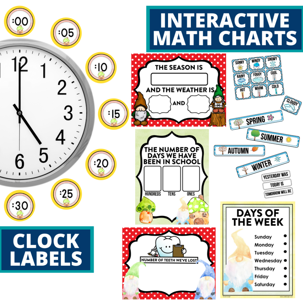 gnome themed math resources for telling time, place value and the days of the week