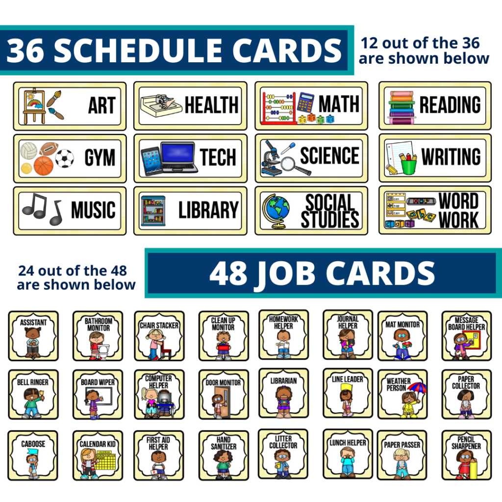 editable elementary schedule cards and job chart labels with a lemons theme