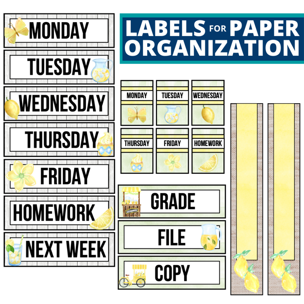lemons theme labels for paper organization in the classroom