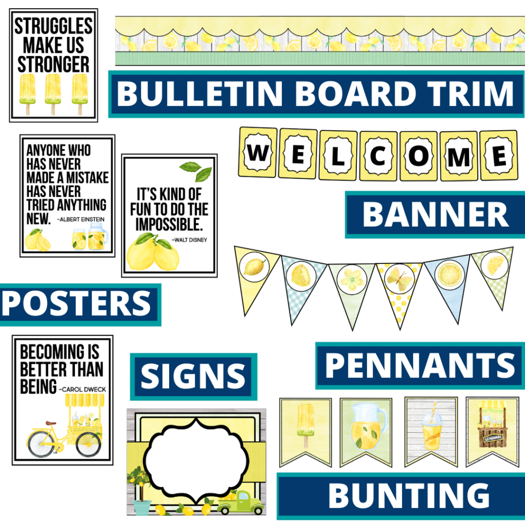 lemons theme bulletin board trim with pennants, banner and bunting