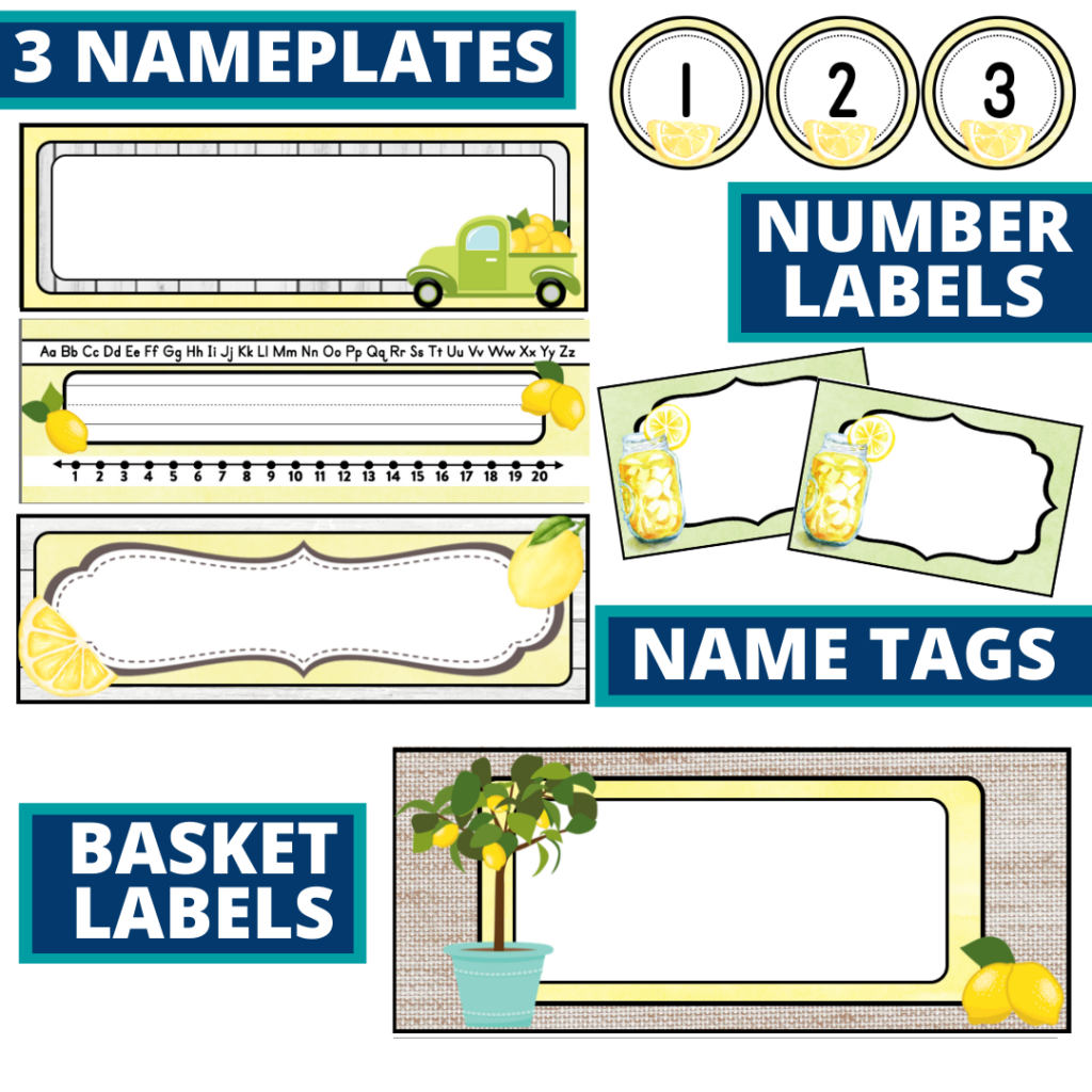 editable nameplates and basket labels for a lemons themed classroom