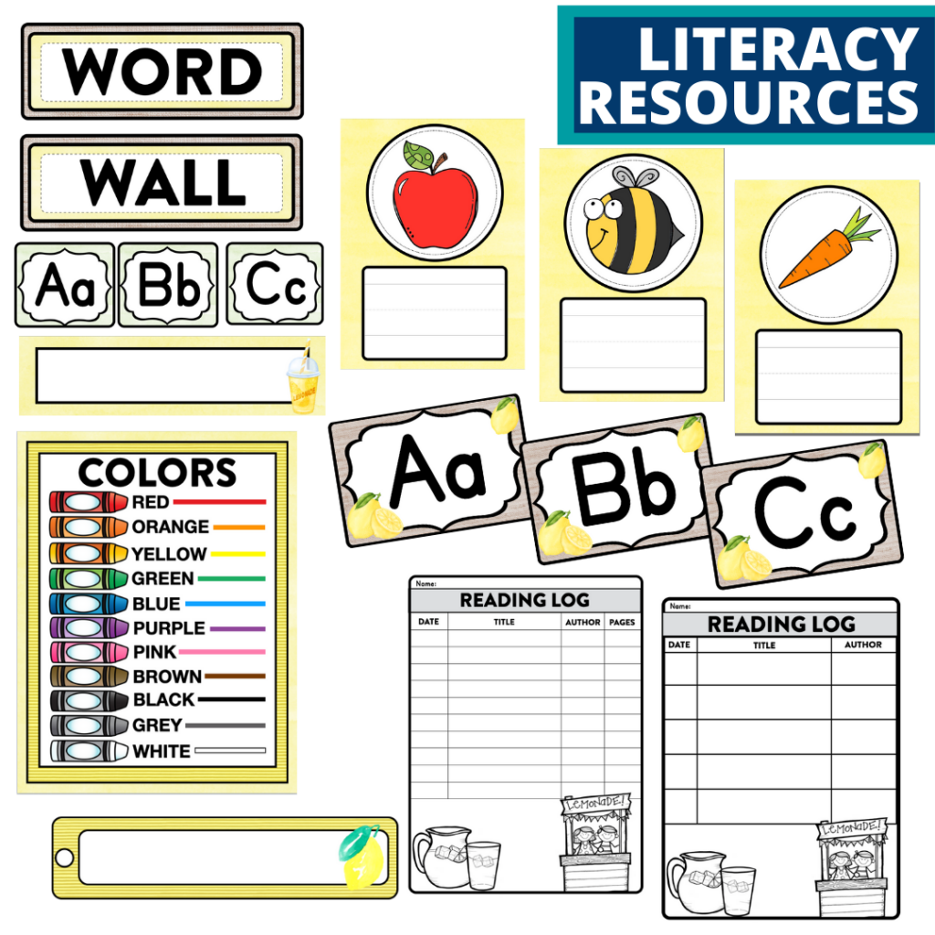 elementary classroom word wall and reading logs for a lemons themed classroom
