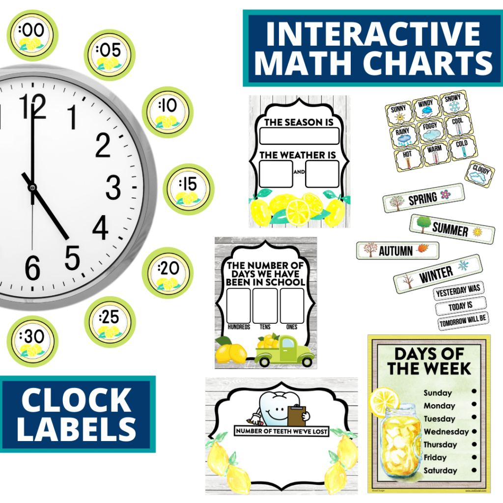 lemons themed math resources for telling time, place value and the days of the week