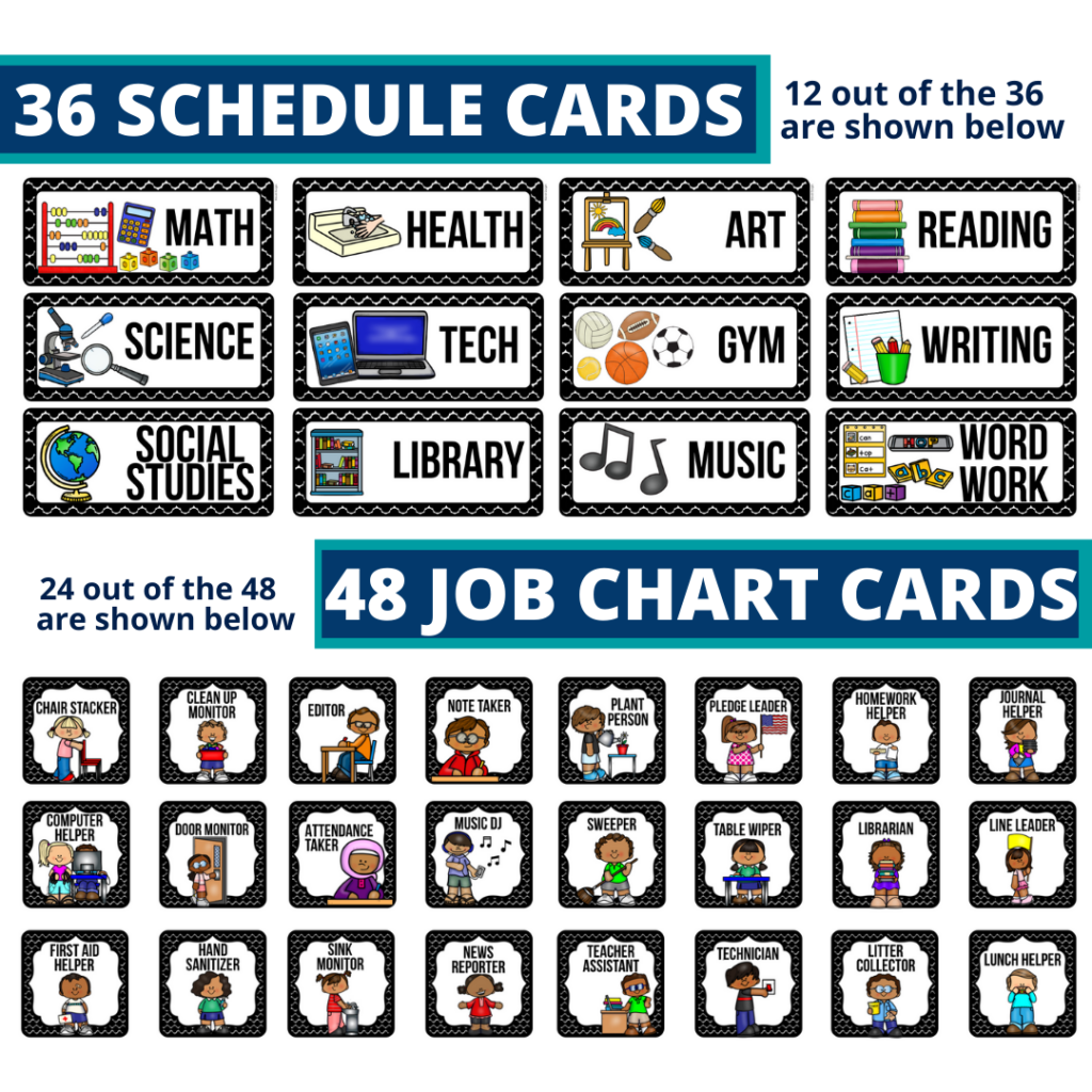 editable elementary schedule cards and job chart labels with a magic theme