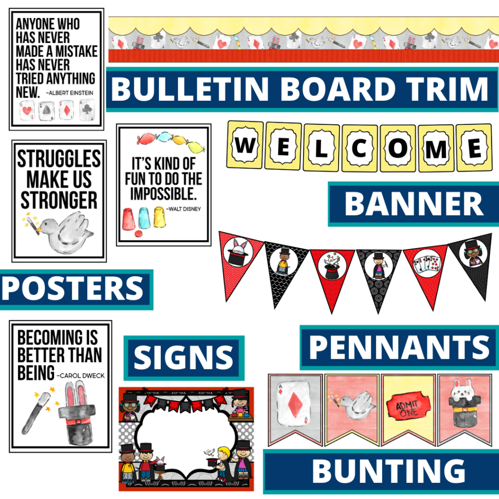 magic theme bulletin board trim with pennants, banner and bunting