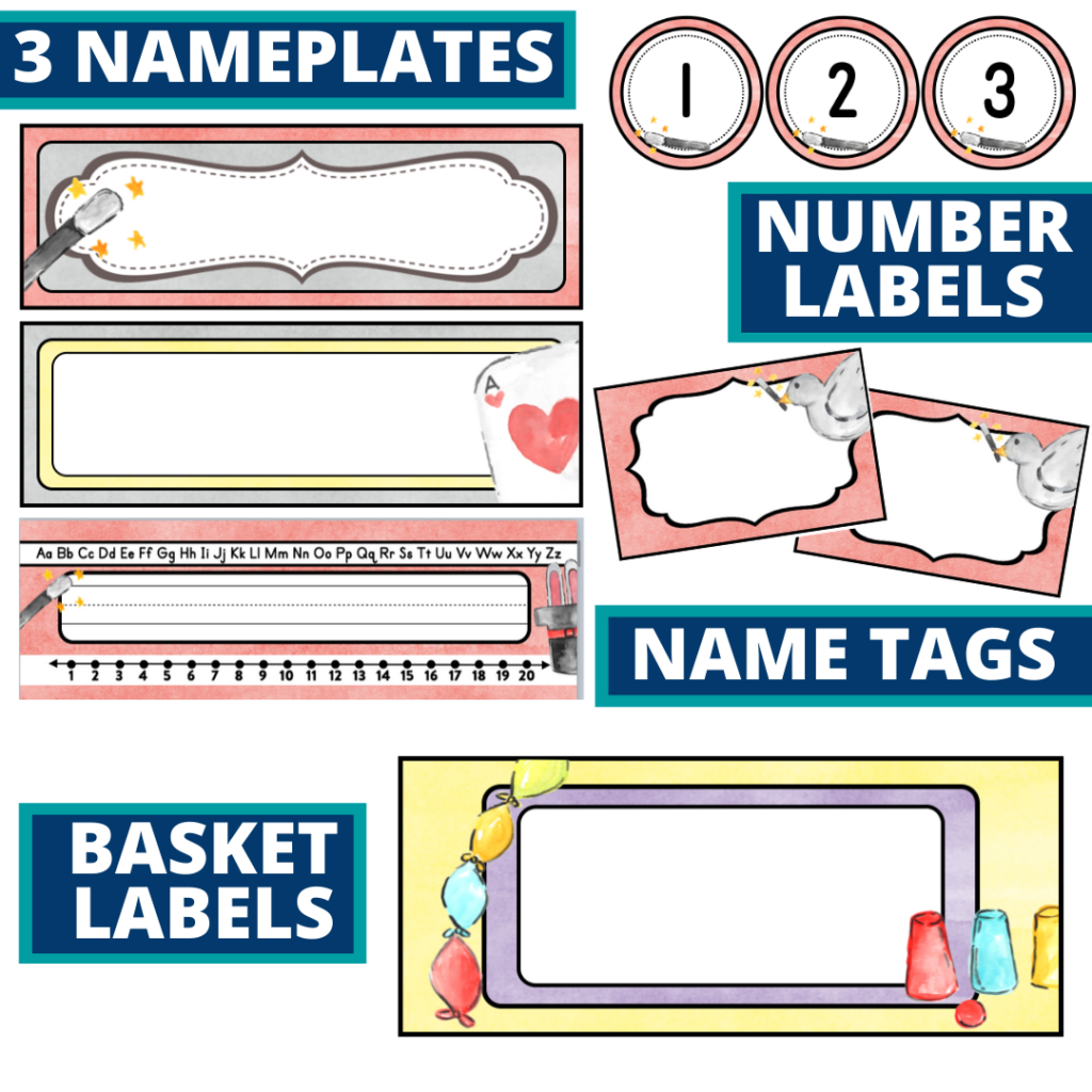 editable nameplates and basket labels for a magic themed classroom