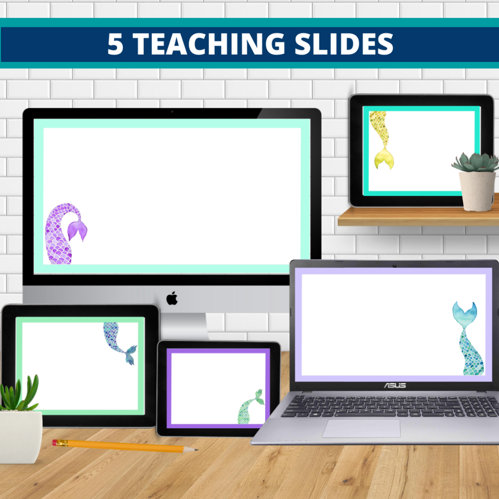 mermaid theme google classroom slides and powerpoint templates for elementary teachers shown on computers