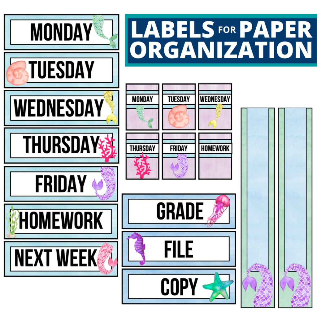 mermaid theme labels for paper organization in the classroom