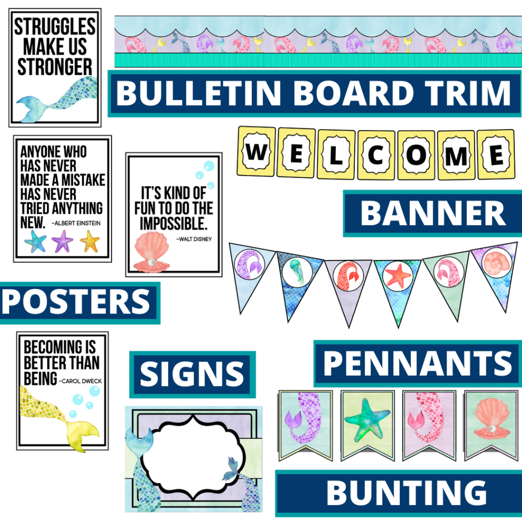 mermaid theme bulletin board trim with pennants, banner and bunting