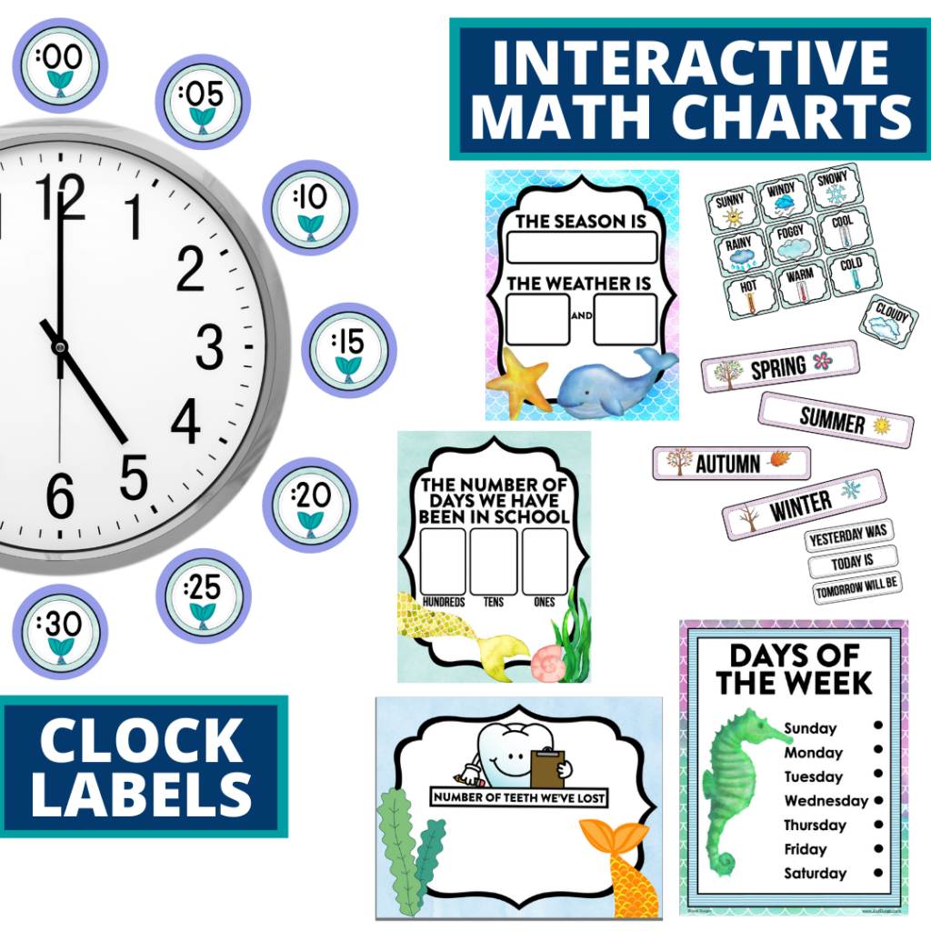 mermaid themed math resources for telling time, place value and the days of the week