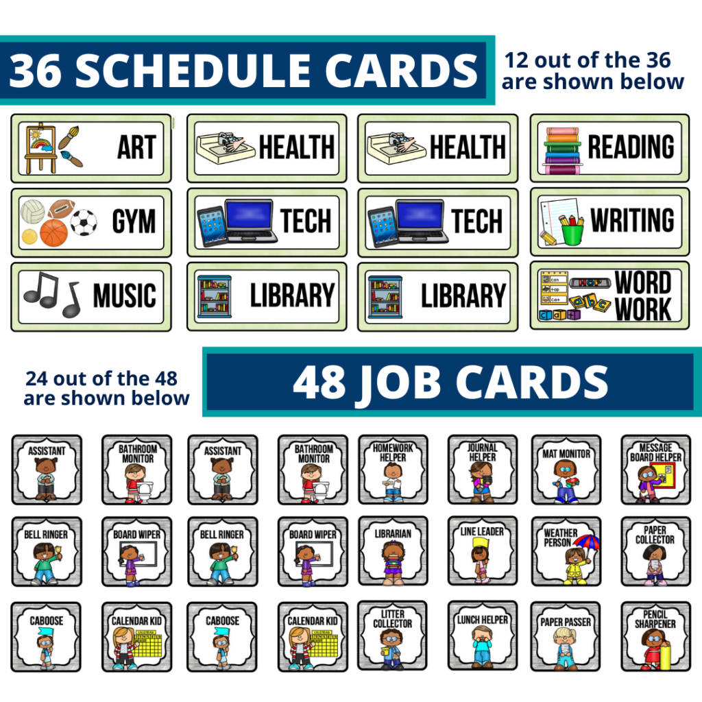 editable elementary schedule cards and job chart labels with a mountains theme