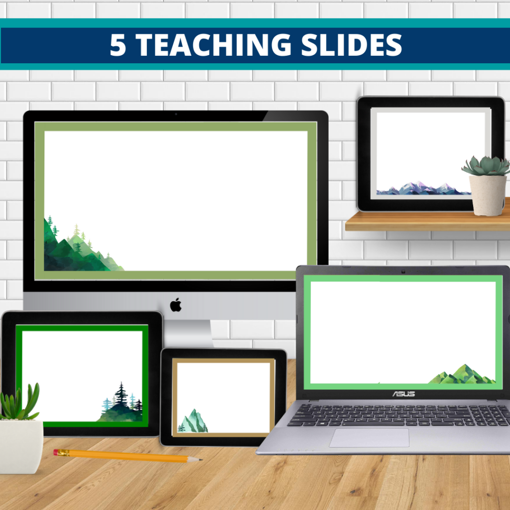 mountains theme google classroom slides and powerpoint templates for elementary teachers shown on computers