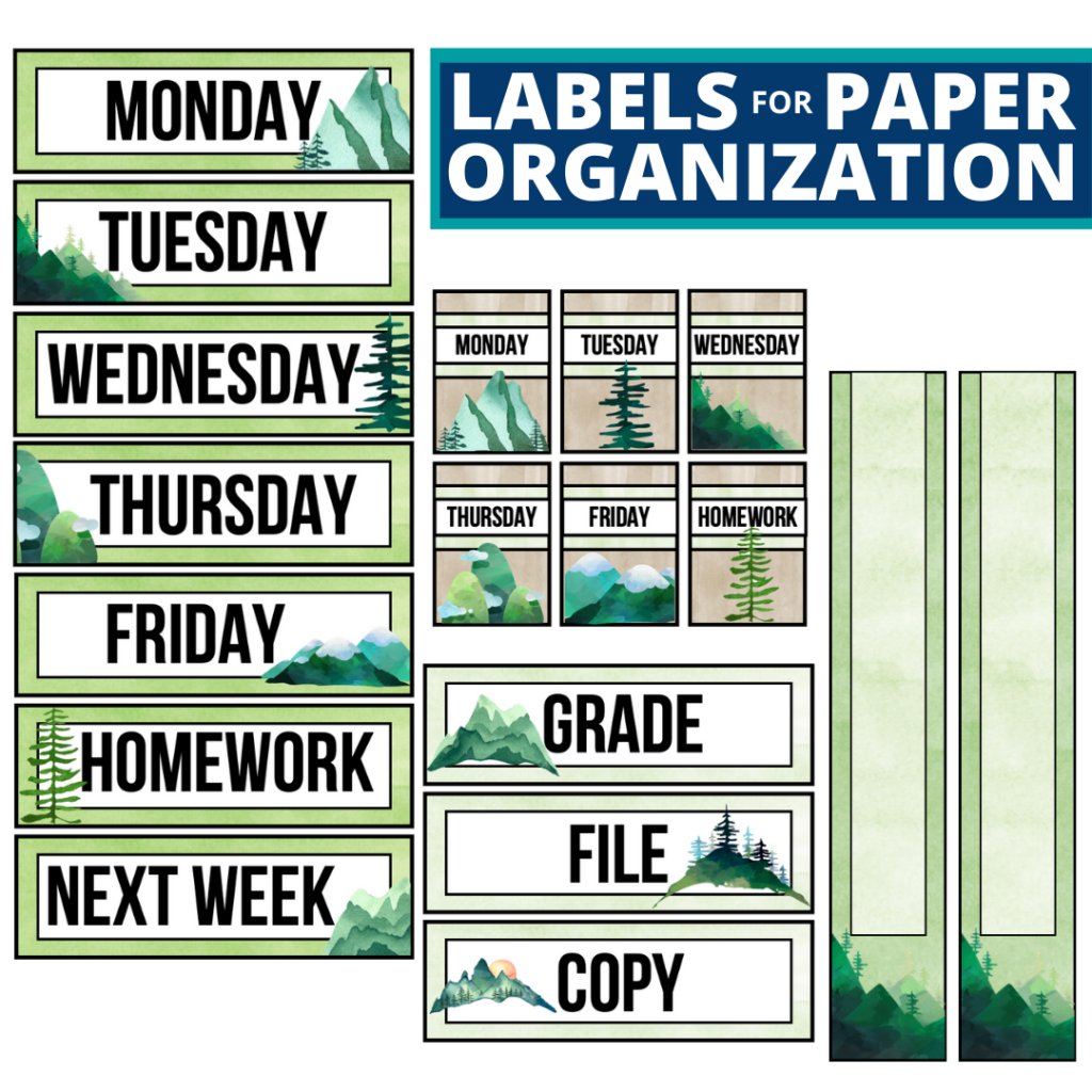 mountains theme labels for paper organization in the classroom