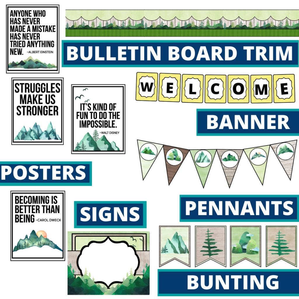 mountains theme bulletin board trim with pennants, banner and bunting