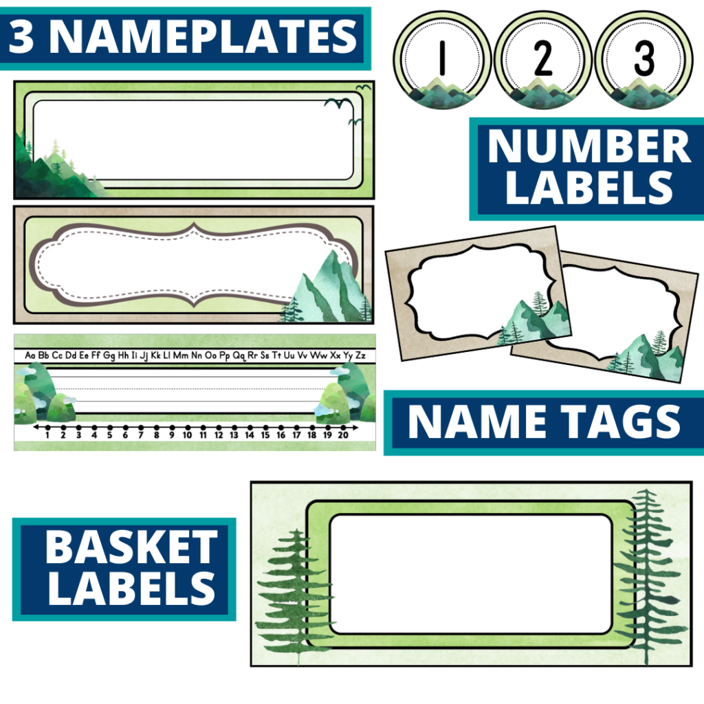 editable nameplates and basket labels for a mountains themed classroom